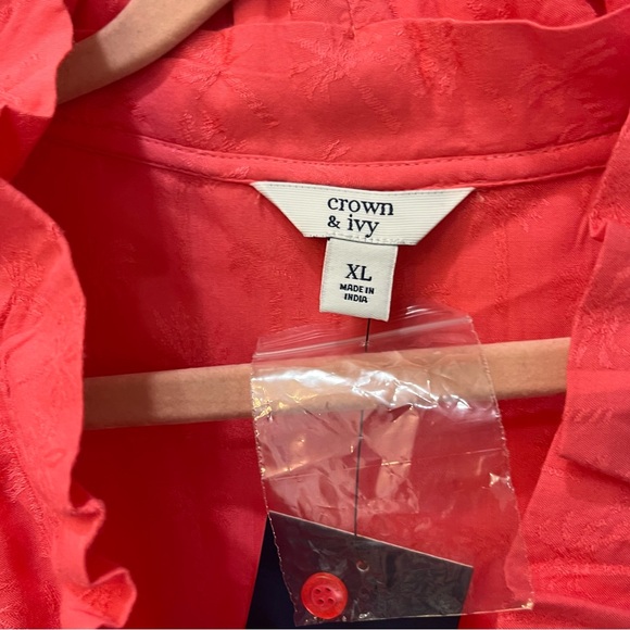 NWT Crown and Ivy ruffle neck coral palm tree blouse size XL - Picture 3 of 7